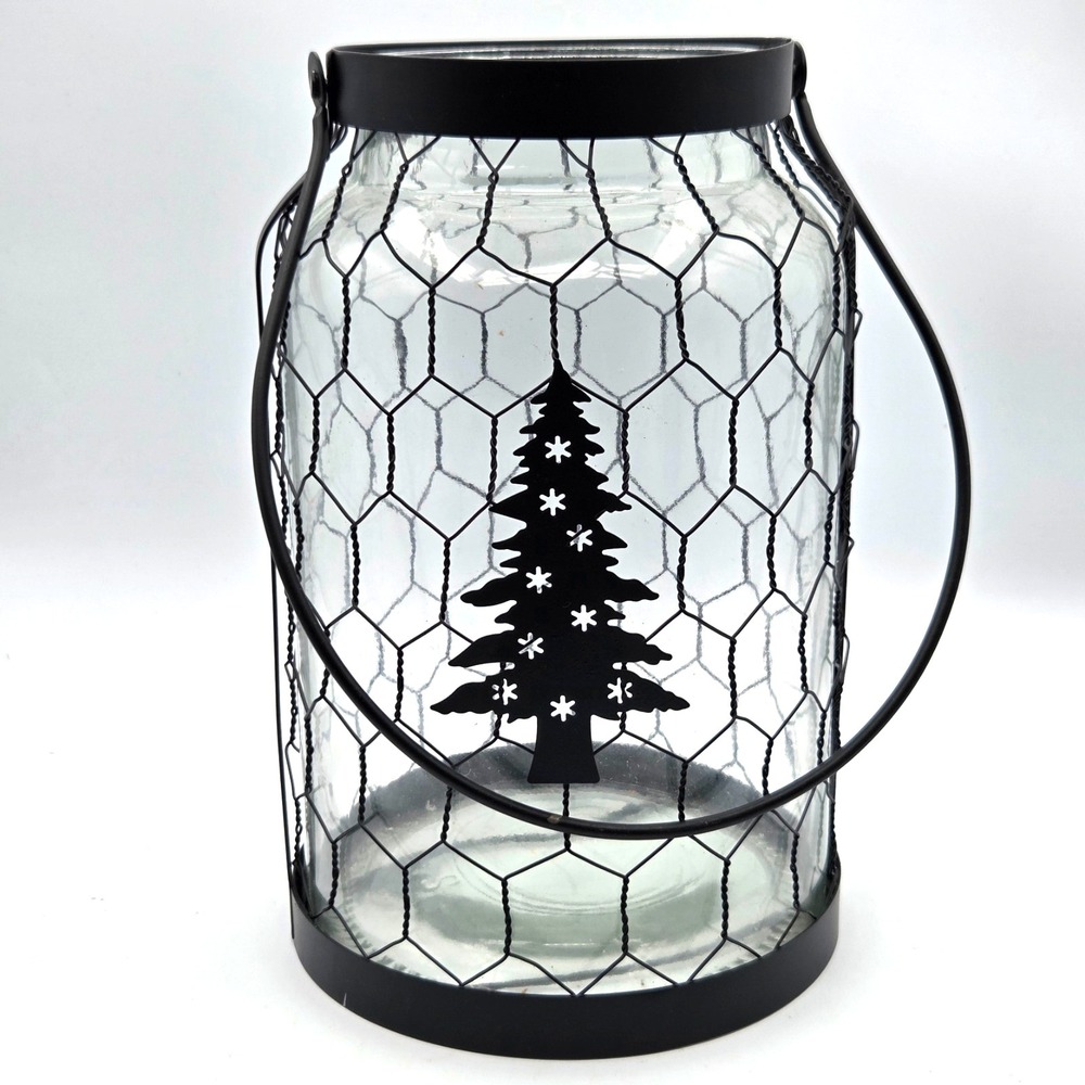 Large Lantern Jar Chicken Wire and Handle with Christmas Tree Country Farmhouse